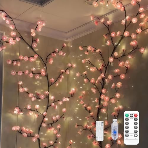 Cherry Blossom Tree Branch Lights for Wall,Cherry Enchanted Willow Vine Lights,with 48 LED and 8 Lighting Modes,Remote Timer,for Bedroom Wall Doors Windows Wedding Christmas Holiday (47inch)