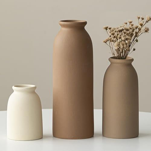 Set of 3 Small Ceramic Vases for Home Decor & Table Centrepieces, Rustic Farmhouse Style, Mini Decorative Flower Vases (Earth Tone M)