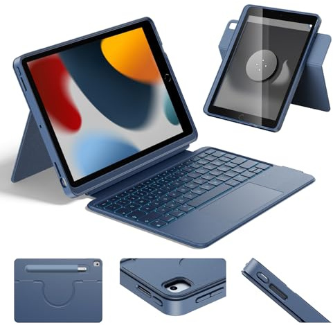HOU Combo hülle mit Tastatur drehbar für ipad 9 Generation 10,2 Zoll & 8. Gen & 7. Gen Multi-Touch Trackpad, 7 Farben Hintergrundbeleuchtung,abnehmbar,Ultraleicht,Portrait/Landscape Modi,Marineblau