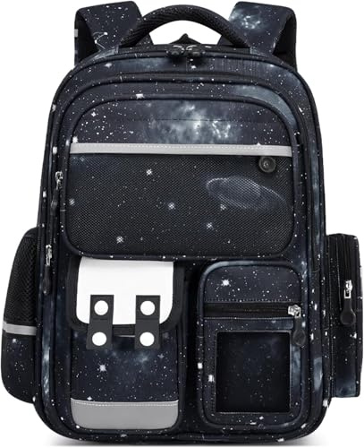 Amythe Schulrucksack Jungen 1-5 Klasse, Ergonomisch Rucksack Schule Kinder Schulranzen mit Reflektierend, Schultasche 6-12 Jahre Wasserabweisend 25L, Schwarz