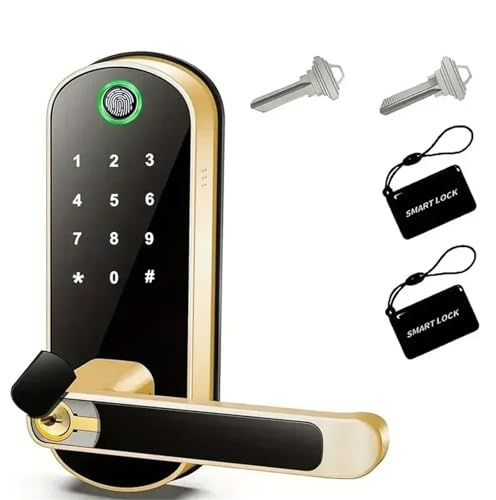 Trohollis Serrure ConnectéE,Serrure Intelligente Serrure de Porte Intelligente à Empreinte Digitale, Application, télécommande, écran Tactile numérique, étanche, avec 2 Cartes(Gold)