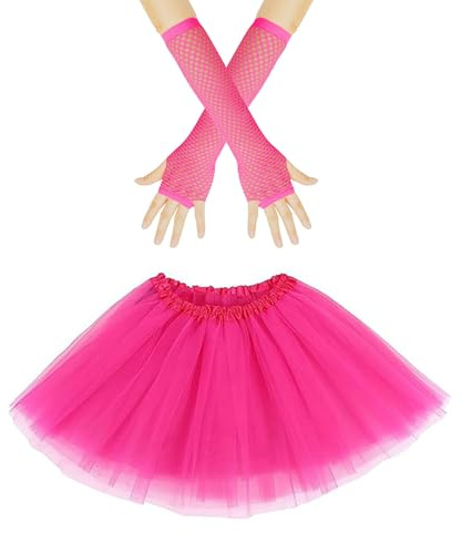 Gatwrmth Pink Tutu Skirt for Women – Adult Tulle Skirt with Pink Fishnet Gloves | Fluffy Ballet Tutu Fancy Dress Costume for Halloween, Parties, Cosplay & Dance
