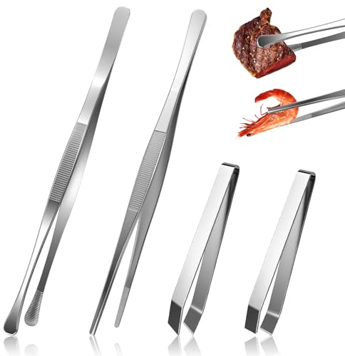 Cooking Tweezers 4 Pcs Kitchen Tweezers Stainless Steel Chef Tweezers Set Professional Long Tweezers Set Kitchen Tongs for Cooking Frying Grilling Serving