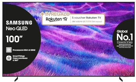 Samsung NeoQLED 4K Vision AI Smart TV 100'' QE100QN80FAUXZT Mini LED, NQ4 AI Gen2 Processor, 4K Upscaling,Dolby Atmos, Tecnologia Quantum Matrix Core, PACCHETTO INTRATTENIMENTO, 2025