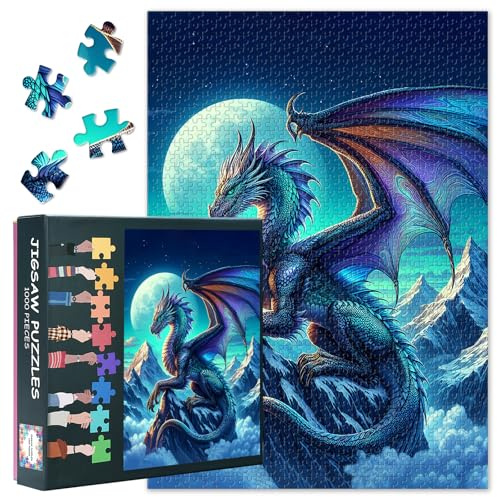 Puzzle per adulti, 1000 pezzi, motivo: drago blu, luce di luna, cielo notturno, stelle montagne, nuvole, paesaggio, gioco di famiglia, 70 x 50 cm