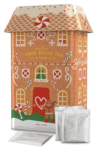 Charbrew 80 Gingerbread Teabags – Illustrated Gingerbread House Metal Tea Tin | Reusable Caddy with Teabags | Christmas Tea Lover Gift