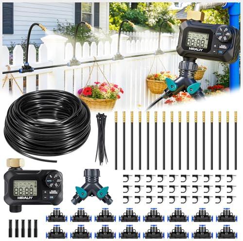 HIRALIY 360° Adjustable Drip Irrigation System 100FT with Timer, 1/4 Tubing and Adjustable Copper Nozzles, Automatic Atomizing Watering Kit for Garden, Yard, Lawn, Greenhouse & Potted Plants