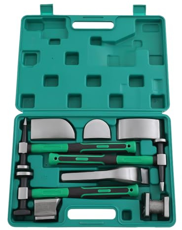 QIERF Kit de reparación de abolladuras de 9 piezas – acero 45# verde con caja de herramientas, 3 martillos y 6 barras de alineación para coche, moto, frigorífico