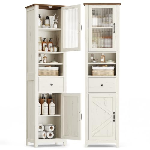 VASAGLE LIRY Collection - Armoire Salle de Bain Style Campagne, Meuble de Rangement Mince, Compartiments Ouverts, 1 Tiroir, avec Portes, Blanc Rustique et Marron Miel, 31,5 x 40 x 171 cm BBK760W101