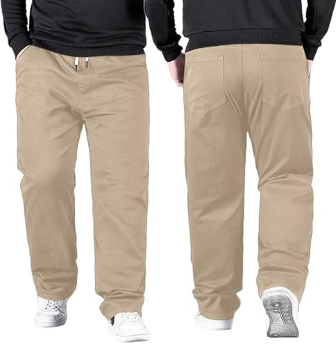 Generisch Pantalón de verano para hombre, lino, pierna ancha, suelto, pantalones de tela, elástico con cordón, ligero, aireado, pantalones de playa A26, caqui, 4XL