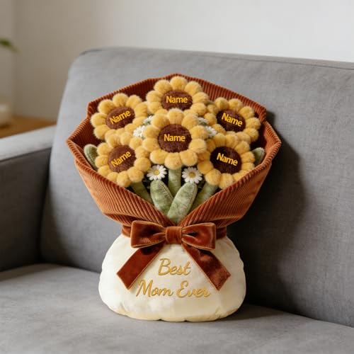 Cuscino in peluche personalizzato con stampa piatta 2D da 1 a 10 nomi di girasole bouquet di fiori cuscino personalizzato per la decorazione della casa a tema migliore mamma di sempre, cuscino per