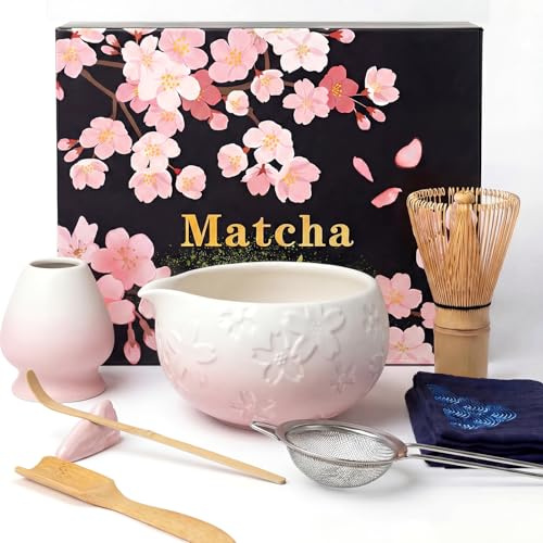 Dazhtu 8 pezzi Matcha Kit, Matcha Set tradizionale in ceramica con Frusta Matcha, Ciotola, Cucchiaio, Filtro, Supporto, Kit Matcha completo, Elegante Set per Amanti del Matcha, Bianco Rosa