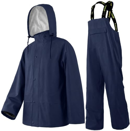 Navis Marine Traje de Lluvia Hombre Impermeable PU - Chaqueta y Peto Ajustable con Capucha Extraíble para Pesca, Construcción, Trabajo y Outdoor(Blue,L)