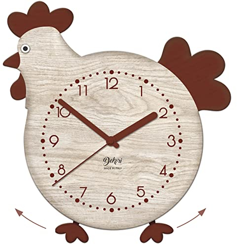 DEKORI Orologio da Parete con Pendolo – Design Gallinella in Legno, Silenzioso e Artigianale, per Cucina Rustica o Casa, 27x32 cm