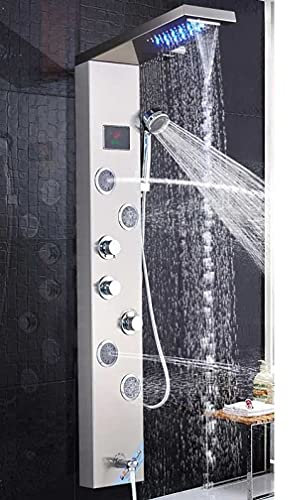 Sywlwxkq Duschsystem LED-duschpanel med vattenfallsljus kran set regndusch spa badtunna badkar duschpelare dusch tornblandare, nickel spa