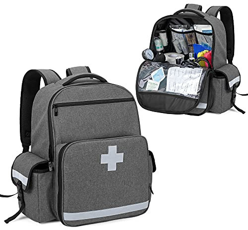 CURMIO Notfallrucksack, Erst Hilfe Aufbewahrungstasche, Tragbar Medizintasche für Unterwegs, Tragetasche für Krankenschwester, Ärzte, Rettungskräfte, Grau (Leere Tasche, Patent Angemeldet)