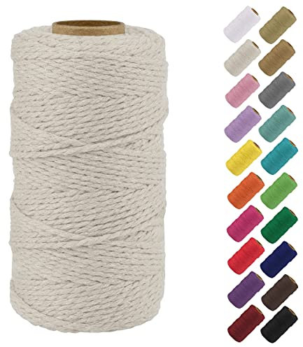 Binwat Natural Macrame Cotton Cord Twine String Colored Cotton Rope Yarn for DIY Crafts Knitting Plant Hangers Christmas Wedding Decor (Natural White, 2mmx100m)