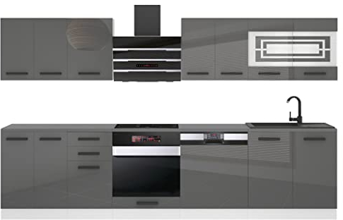 BELINI | Küchenzeile Küchenblock Lucy - Küchen-Möbel 300 cm | Küche komplett ohne Elektrogeräten mit Hängeschränke und Unterschränke | Ohne Arbeitsplatten | Silber Hochglanz