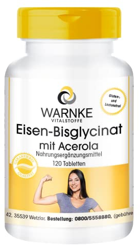 Eisen-Bisglycinat mit Acerola - 120 Tabletten 40 mg Eisen Elementargehalt aus eigener Herstellung - hochdosiert, vegan | Warnke Vitalstoffe - Deutsche Apothekenqualität
