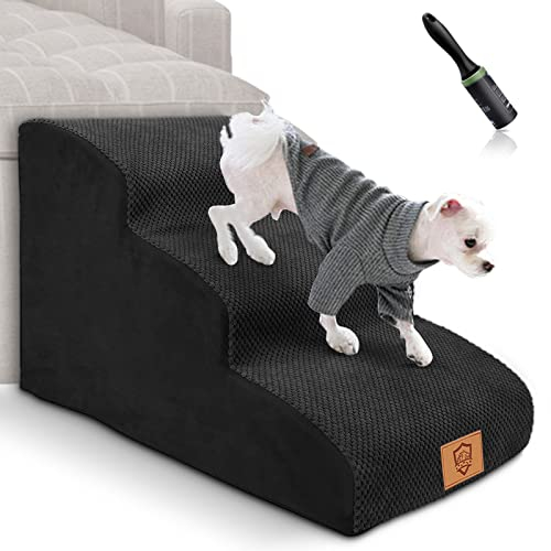 Myiosus Hundetreppe für Kleine Hunde, 3 Stufen Haustiertreppe für Bett und Sofa aus Hochdichtem Schwamm, Tragbar Hunderampe mit Abnehmbare Waschbarer Bezug, rutschfeste Katzentreppe, Schwarz