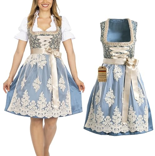 BAVARIA TRACHTEN Women's Blue Gold Dirndl Dress - Modern Fit, Polyester-Cotton, Traditional German Oktoberfest Attire, Size L