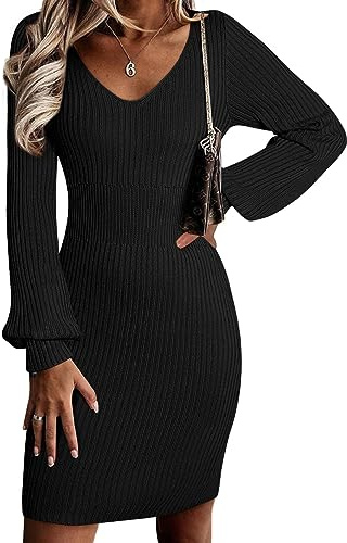 Sidefeel Sweater Dress for Women 2025 Casual Long Sleeve Ribbed Knit V Neck Pullover Sweaters Fall Fashion Wedding Guest Sexy Bodycon Fall Dresses Medium Black