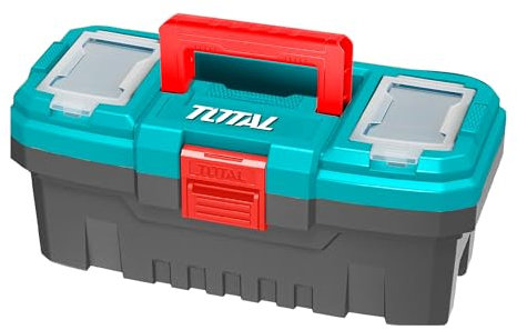 TOTAL - Organisateur d’Outils 10 kg - Boîte en Plastique avec Plateau Amovible et Couvercle Supérieur - 3 Zones de Rangement et Fonction Échelle - Dimensions 356x168x160 mm