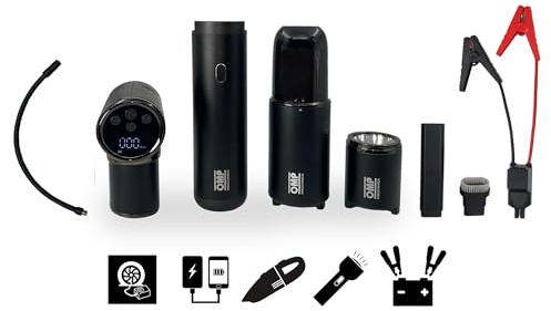OMP Meccanica 5 EN 1 Kit Portátil Multi-Función Sin Cable – Arrancador de coche, Compresor de Aire, Aspiradora, Linterna y Power Bank – Compacto y Esencial para Asistencia en Carretera con Estuche