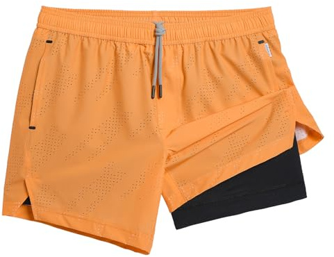 maamgic Mens Running Shorts with Compression Liner 5 Quick Dry Workout Shorts Anti-Chafe Gym Shorts Lightweight 2 in 1 Athletic Shorts with Phone Pocket Apricot Black Medium