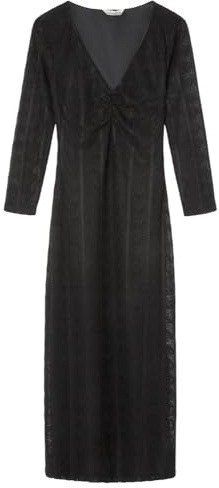 Springfield Vestido Midi con Manga 3/4 y Fruncido elástico en el Pecho Estructura frunce, Negro Estandar, M para Mujer