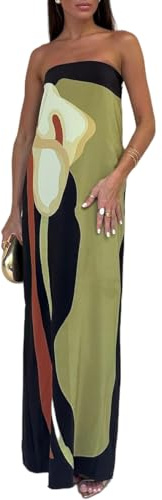 ThiCc Vestido largo bohemio para mujer, sexy, de verano, sin espalda, sin tirantes, sin mangas, hombros descubiertos, estampado floral, vestidos ajustados Y2K, ropa de calle para fiesta cóctel