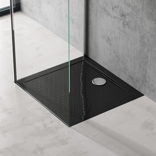 doporro Plato de Ducha Rectangular Antideslizante 75x80x4 cm – Acrílico Negro, Conexiones DIN, Instalación a Ras de Suelo – Lucia02