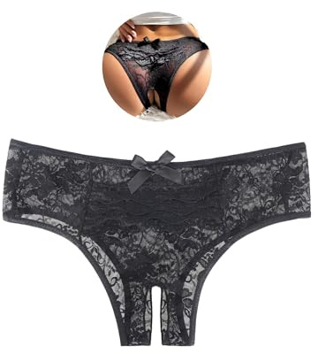 sunshinelady Taglie Forti Perizoma Aperto in Pizzo Donna Sexy Slip Tanga Ouvert Mutandine Aperte String Sexydonna Hot Intimo Erotico con Fiocco Nero XL