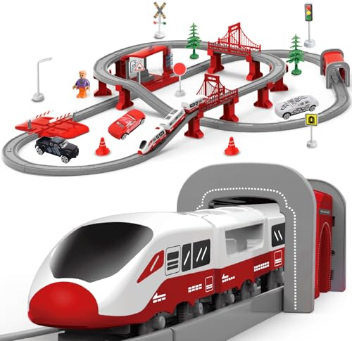 XIAPIA Electric Train Sets Railway Learning Educational Toys for Kids Boys Girls Age 3 Years Up, 104 Pcs Track Accessories Car Set Christmas Xmas New Year Gifts