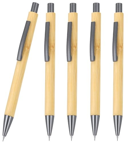 Uppsättning av 5 tryckpennor påfyllningsbara av bambu – hållbara pennor med klipp och metallbeslag, 0,7 mm gruvor för kontor, skola, universitet och hushåll – perfekt för att rita, anteckningar och