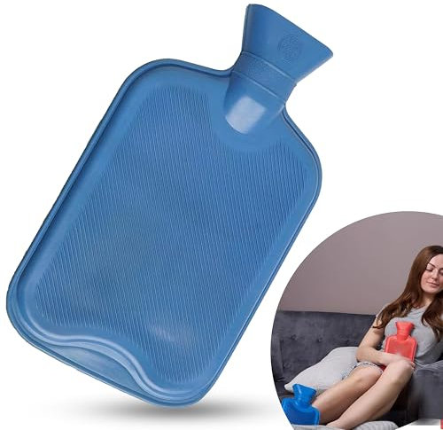 Blue Hot Water Bottle 2L - Hot Water Bag for Pain Relief, Period Pain Warm Feet, Neck, Shoulders, Large Hot Water Bottle, Safe and Comfortable - 32cm
