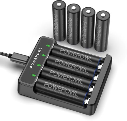POWEROWL Pilas AA Recargables con Cargador, 2800mAh de Alta Capacidad, Baja Autodescarga, Pilas Ni-MH Doble A, 4 Unidades