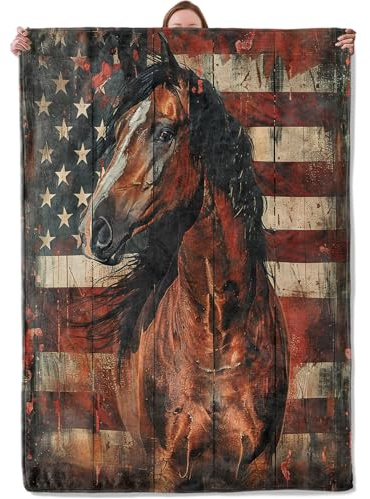 Horse American Flag Theme Blanket Gifts for Women Girls, Soft Warm Lightweight Flannel Throw Blankets for Living Room Home Sofa Travel Decor 50 x 60
