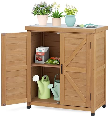 SoliWood Gartenschrank Wetterfest Outdoor, Outdoor Schrank aus Holz mit Metallplatte als Pflanztisch und Gartenarbeitsplatz für Terrasse Balkon und Garten 91 x 78 x 43 cm.