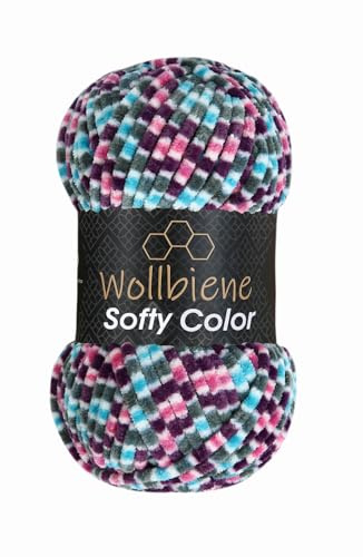 Wollbiene Softy Color 100 Gramm Chenillewolle Strickwolle, Multicolor, 100 Gramm Wolle Super Bulky (118 lila grau rosa türkis)