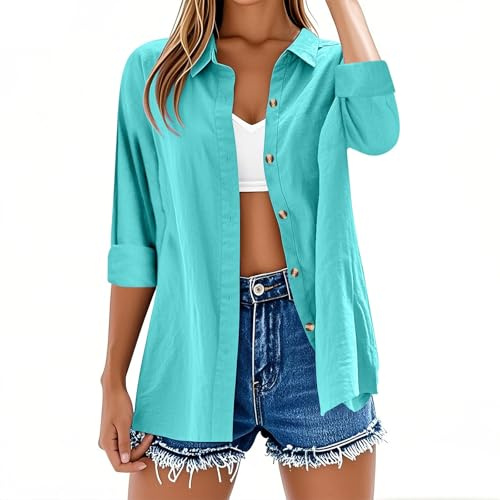Camisetas de manga larga para mujer, estilo casual, botones, algodón y lino, color liso, camisetas de verano, cuello en V, con mangas enrolladas, blusas sueltas y de gran tamaño, ligeras, elegantes