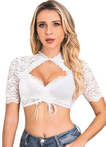 BALAYSIER Dirndl blus damer elegant kortärmad Dirndlblus vit med V-ringning och knappar Dirndlblus spets för Oktoberfest, Vit, M