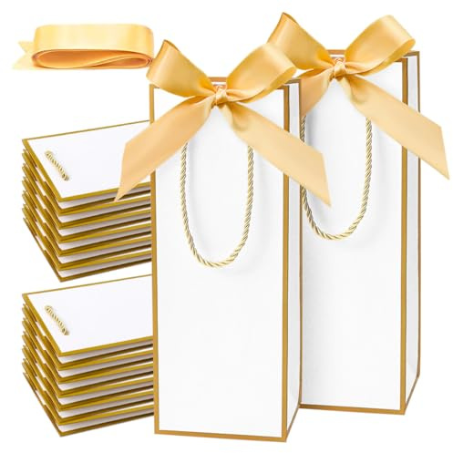 15 PCS Wine Gift Bags with Bow Double Handle Kraft Paper Bags for Wine Bottles Elegant for wedding anniversary housewarming birthday thank you christmas party favors and special occasions(White)