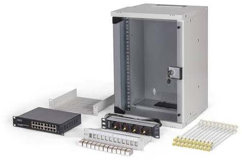 DIGITUS Juego de Red de 10 pulg – Armario de Red 9U – Estante – regleta – conmutador 16 Puertos – Panel de Conexiones 12 Puertos – 12 módulos Keystone – 20 Cables de conexión – Soho Pro – Gris