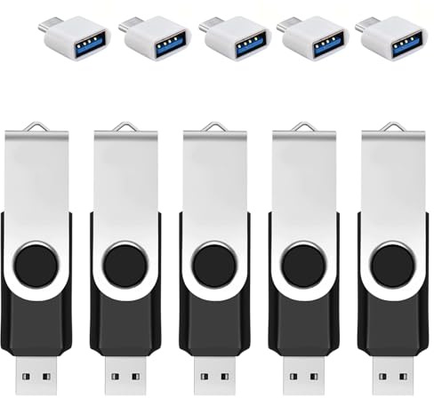 5-pack 64 GB USB-minne med typ C-adapter och förvaringslåda, USB 2.0 flashdrive, 360° vridbar minne för mobiltelefon/padd/PC/laptop/Android – svart (5-pack 64 GB)