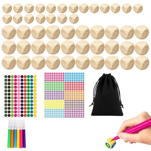 OZNXWRYY Dadi in Legno 50 Pezzi con Cubi Vuoti, 2 Misure, 1 Sacchetto, 6 Pennarelli ed Etichette Colorati, Materiale per Artigianato Fai da Te, Decorazioni e Progetti Creativi per Adulti