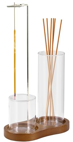 Soporte para incienso de madera, varillas con recipiente extraíble para cenizas de cristal, moderno quemador de incienso simple, base de madera maciza, soporte para quemador de varillas para yoga, spa