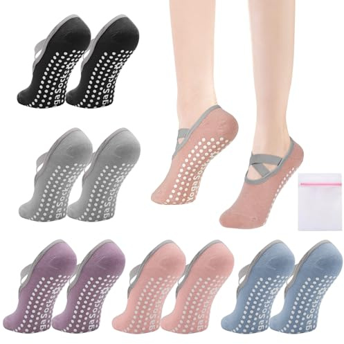 VEGCOO 5 Pares Calcetines Yoga Pilates Para Mujer, Cómodos Calcetines Antideslizantes Tobillero, Calcetín para Yoga, Fitness, Ballet, Pilates, EU 35-38 (Multicolor)