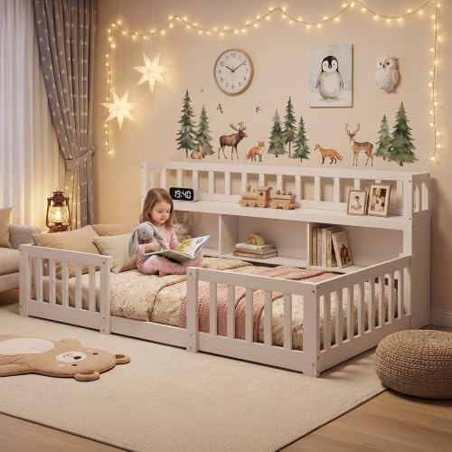 Montessori-säng 90 x 200 cm med förvaring och bokhylla, barnsäng på golvet 90 x 200 med säkerhetsskena och ribbotten, barnsängsram i massivt trä, pojkar och flickor, vit