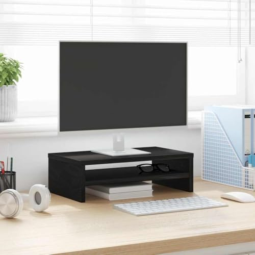 Mangloder monitorställ svart ek 42 x 24 x 13 cm trämaterial ergonomiskt för arbetsplats, skrivbord, hemmakontor, med kabelhantering, hylla, hylla och notebook-hållare